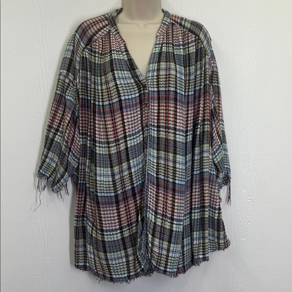Free People - Boho Cottage Plaid Colorful Button Down Oversized Blouse Size Med - Picture 3 of 11